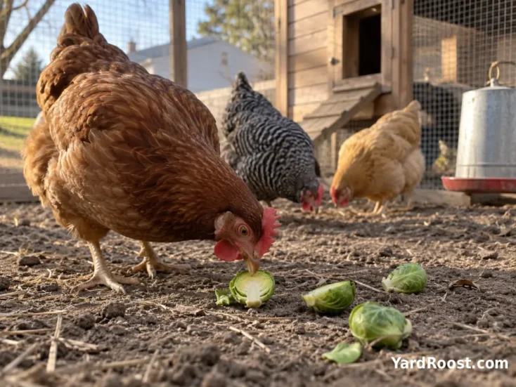 Backyard hens pecking at halved Brussels sprouts in a clean chicken run.