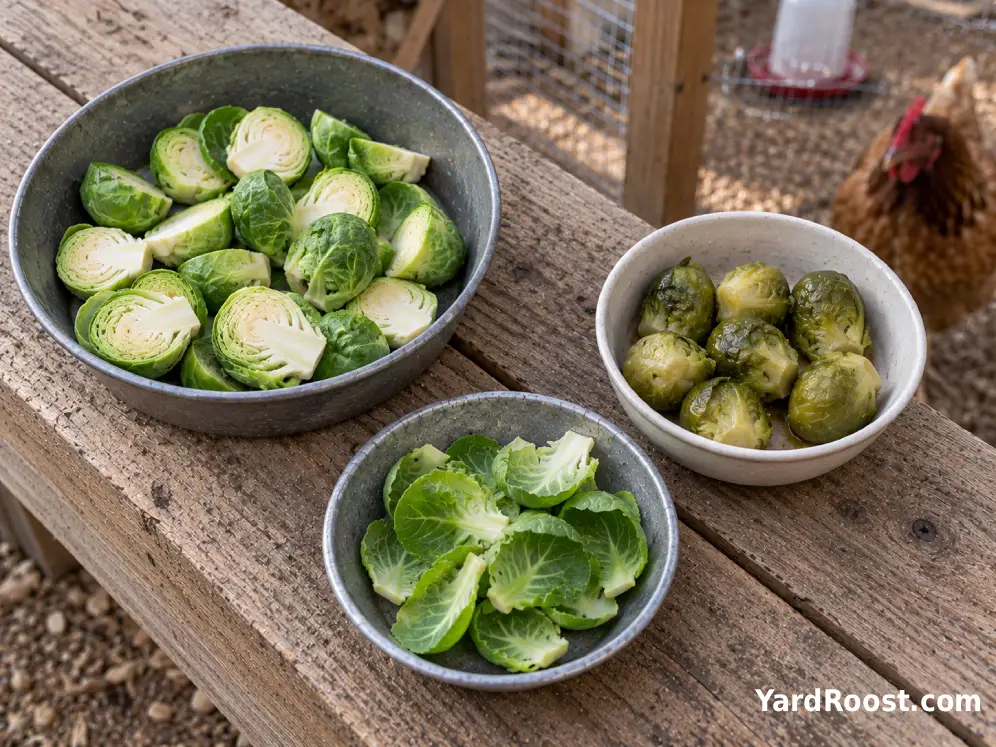 Raw Brussels sprouts, loose green leaves, and plain cooked sprouts prepared for chickens.