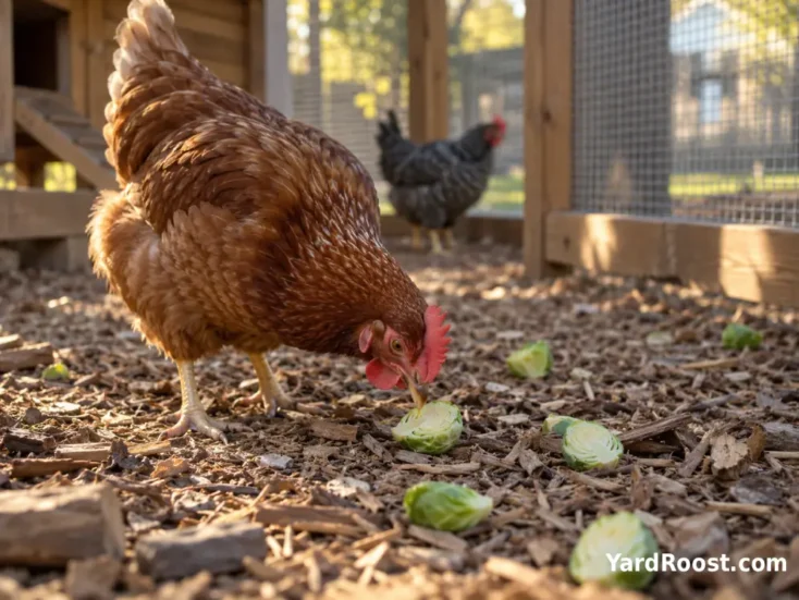 Halved Brussels sprouts scattered across dry bedding for backyard chickens to peck.