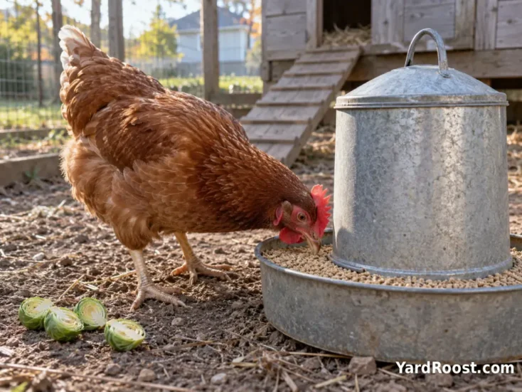 Laying hen eating complete poultry feed while a few Brussels sprouts sit nearby as treats.