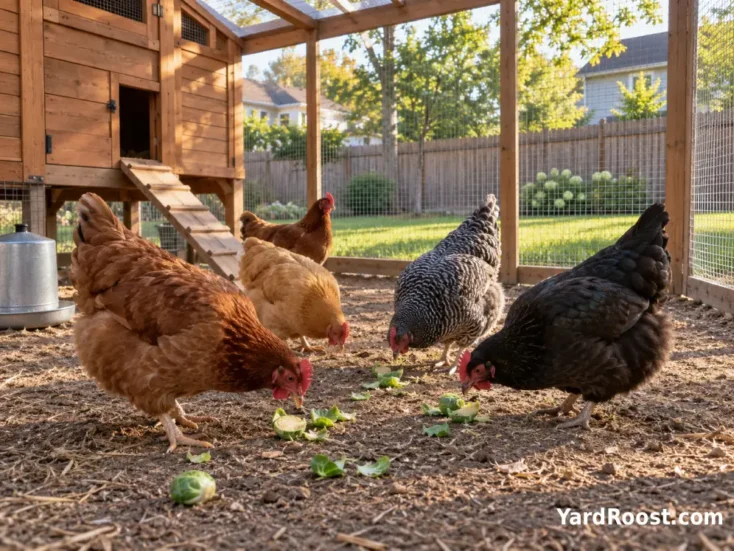 Healthy backyard hens foraging near a few Brussels sprout pieces in an Ohio chicken run.