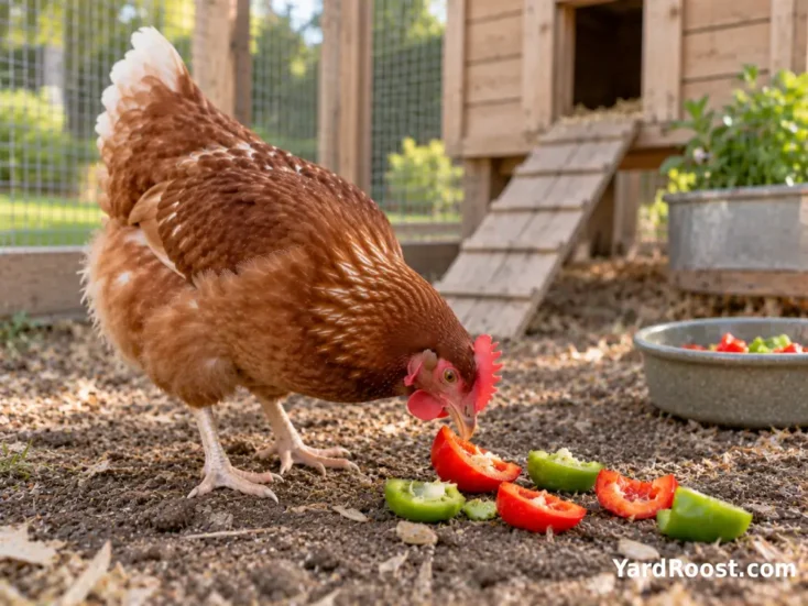 A brown hen pecks at fresh red and green bell pepper pieces in a backyard run.