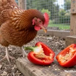 A halved red bell pepper shows its seeds beside a hen in a backyard chicken run.