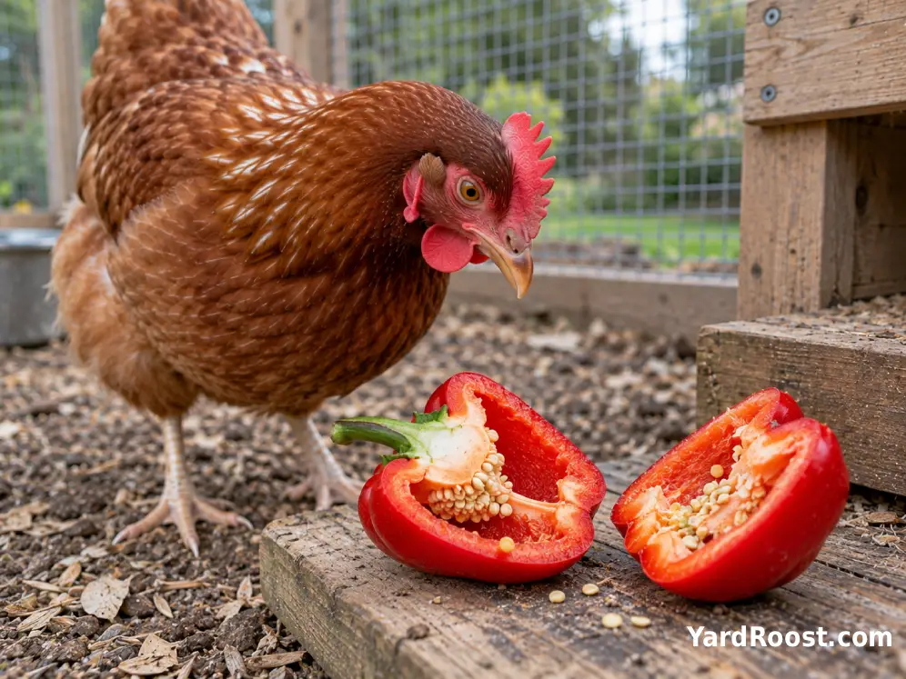 A halved red bell pepper shows its seeds beside a hen in a backyard chicken run.