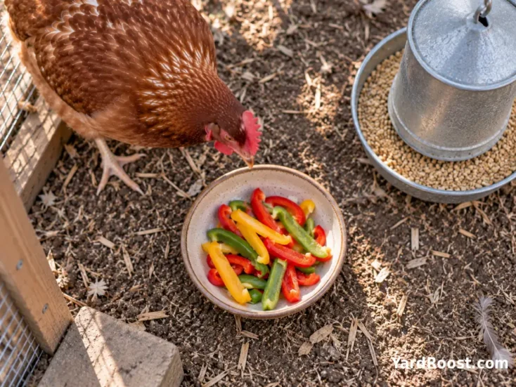 Fresh bell pepper strips are served in a shallow dish inside a clean chicken run.