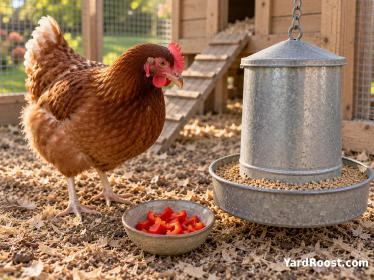 A harvested red bell pepper is kept separate from pepper plant stems and leaves beside a chicken run.