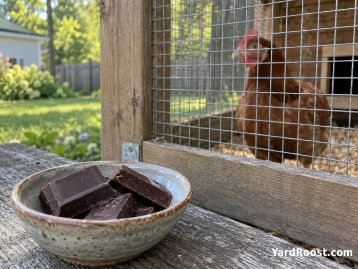 Dark chocolate pieces kept outside a secure backyard chicken run.