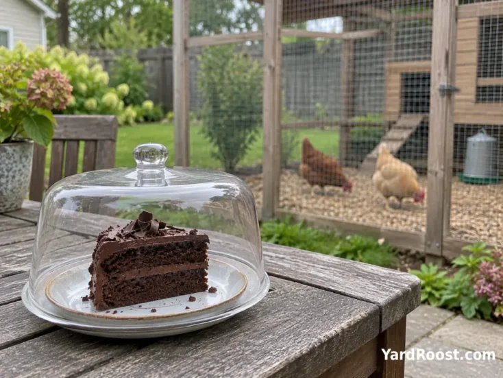 A covered plate of chocolate cake kept away from hens beside a backyard coop.