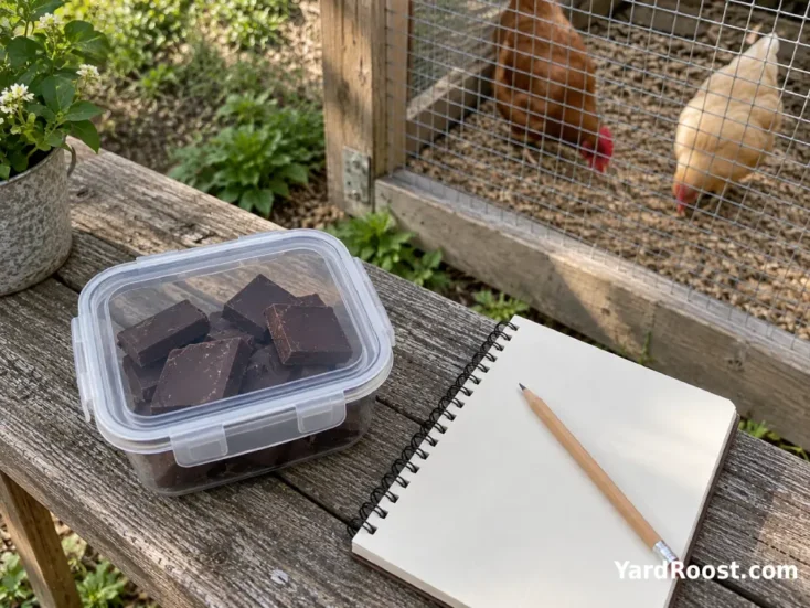A secured chocolate container beside a notebook near an Ohio backyard chicken run.
