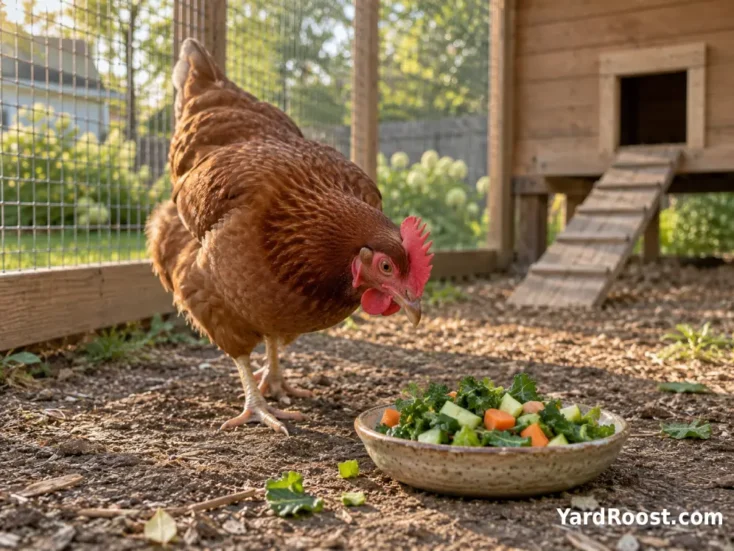 A hen beside a small dish of chopped vegetables in a backyard run.