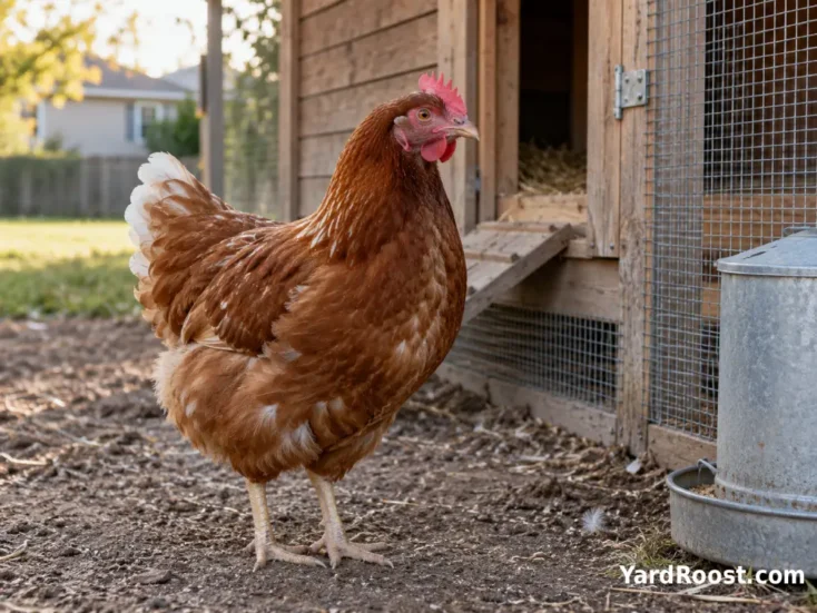 Adult Cinnamon Queen hen with reddish-brown and white plumage beside a backyard coop.