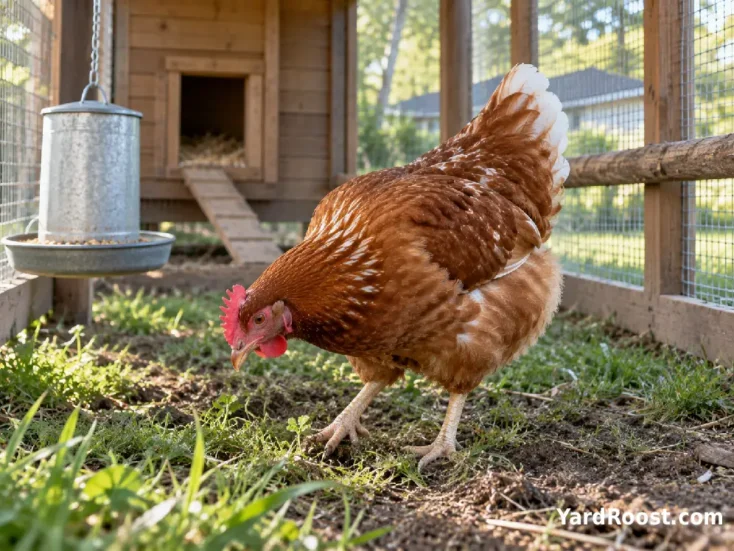 Cinnamon Queen hen foraging calmly on grass inside a covered backyard chicken run.