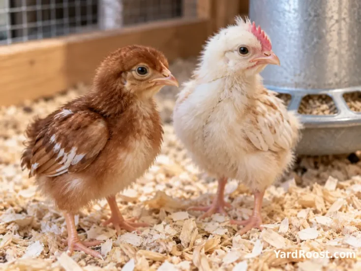 Reddish Cinnamon Queen pullet chick beside a pale cockerel chick on clean brooder bedding.