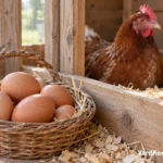 Basket of large brown Cinnamon Queen eggs beside a clean wooden nest box.