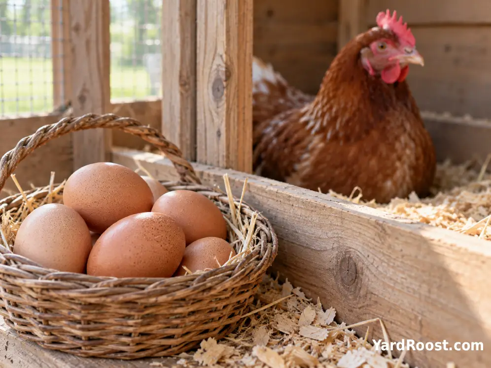 Basket of large brown Cinnamon Queen eggs beside a clean wooden nest box.