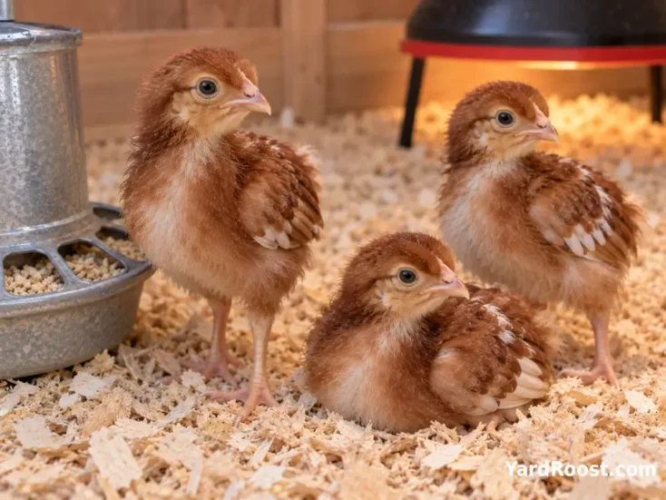 Cinnamon Queen chicks resting on pine shavings beside a chick feeder in a clean brooder.