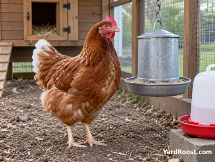 Cinnamon Queen hen beside a hanging feeder and waterer in a dry ventilated chicken run.