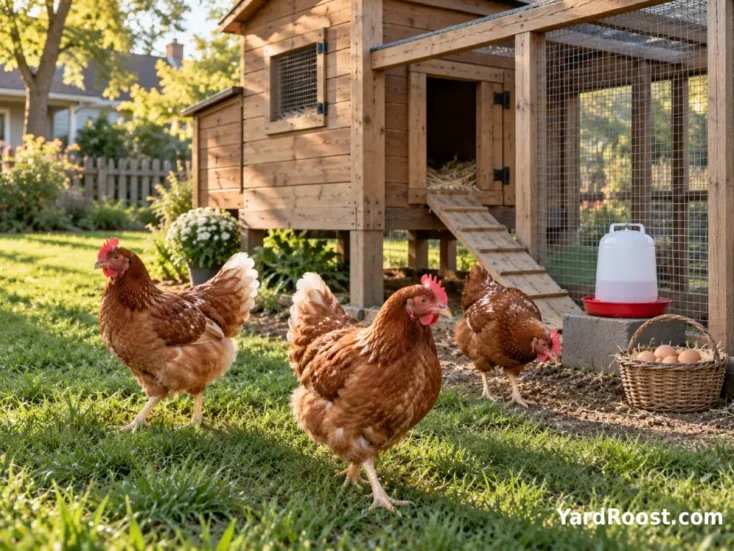 Small group of Cinnamon Queen hens walking beside a practical Ohio backyard coop.