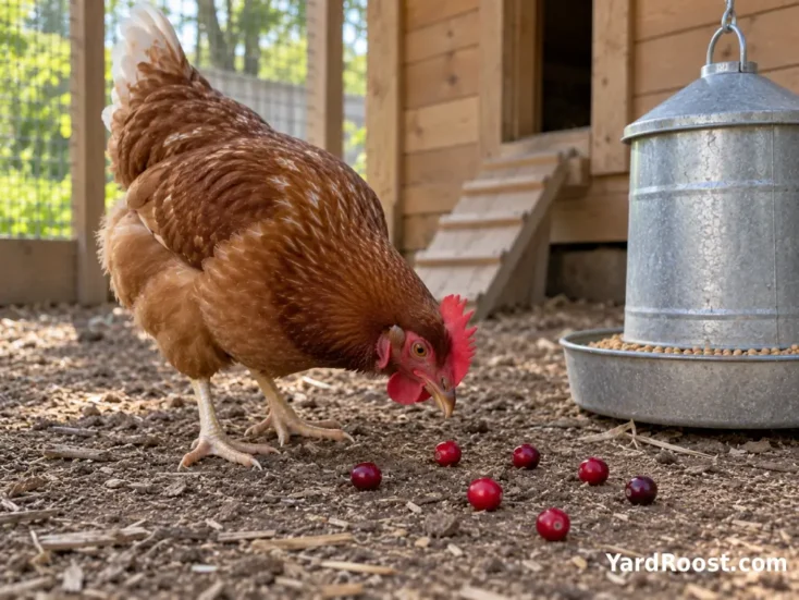 A backyard hen pecking at several fresh cranberries beside a feeder in a covered run.