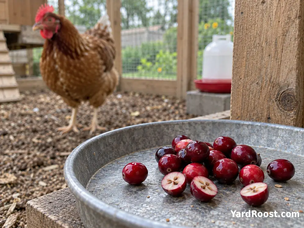 Fresh cranberries cut in half on a small feeding tray inside a backyard chicken run.