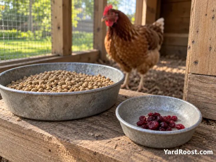 A small portion of plain dried cranberries beside complete chicken pellets in separate dishes.