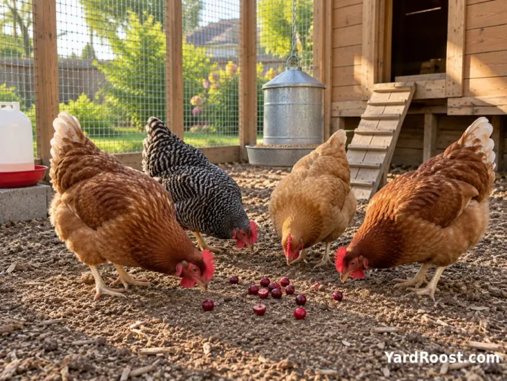 A small handful of cranberries scattered for several hens while their regular feeder remains nearby.
