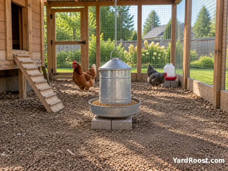 A clean chicken run with no leftover berries around a secured feeder and hardware cloth enclosure.