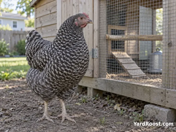 Adult Dominique hen showing barred feathers and a low rose comb beside a backyard coop.