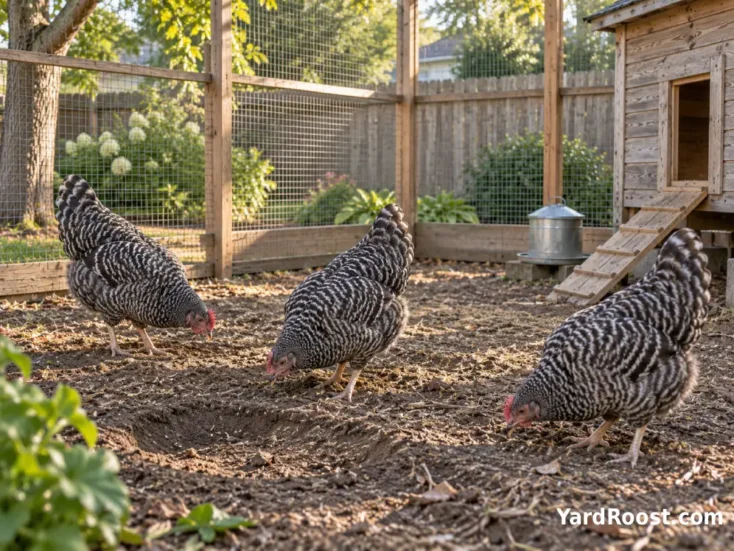 Several calm Dominique hens foraging together inside a secure suburban backyard run.