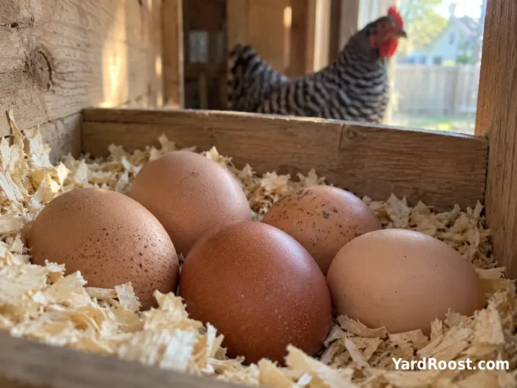 Brown Dominique chicken eggs resting in a clean wooden nest box with pine shavings.