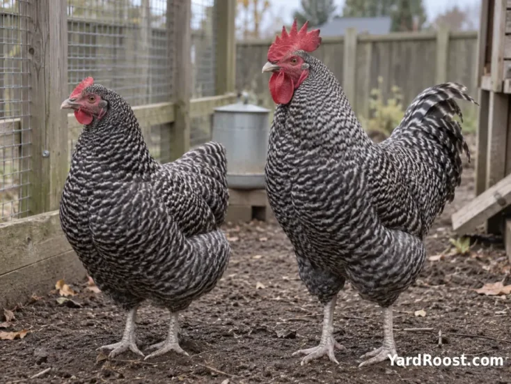Adult Dominique hen and rooster standing side by side with visible differences in size and feathering.