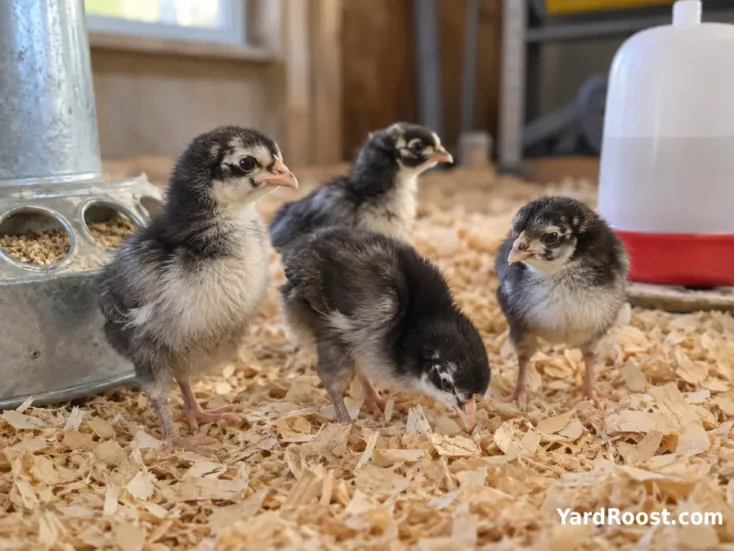 Young Dominique chicks resting and feeding in a clean brooder with pine shavings.