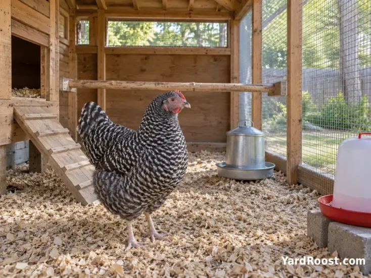 Dominique hen inside a roomy ventilated backyard coop and hardware-cloth run.