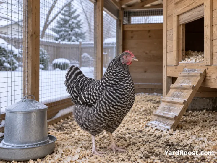 Dominique hen standing comfortably in a dry winter chicken run beside a ventilated coop.