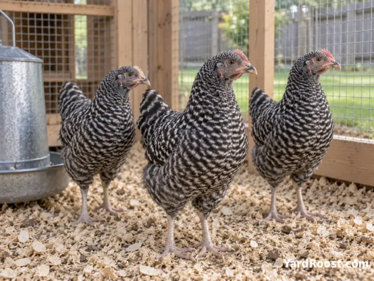 Healthy juvenile Dominique chickens standing alert in a clean breeder pen.