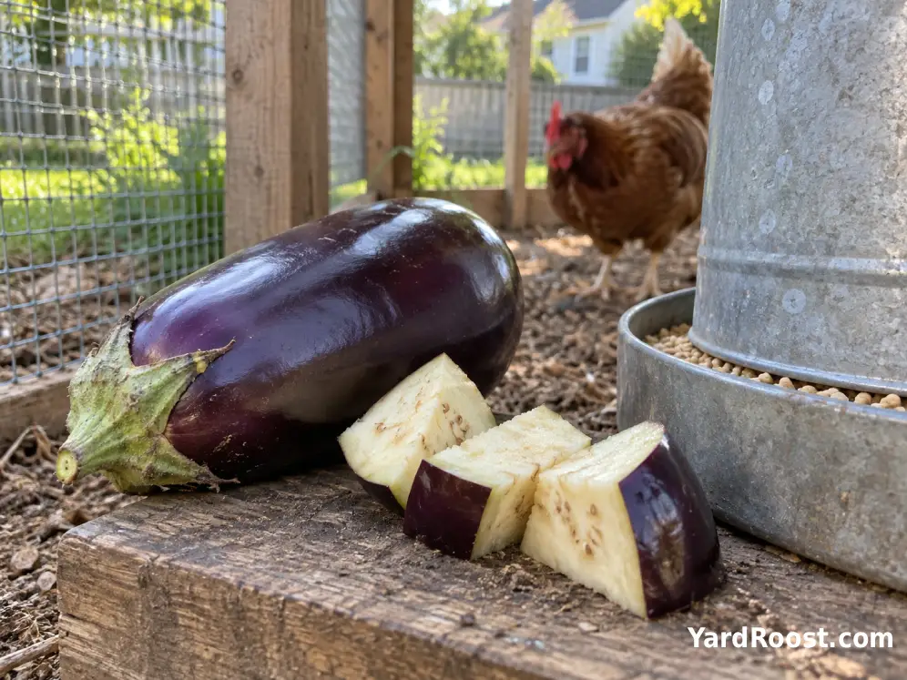 Ripe eggplant pieces beside a chicken feeder in a suburban backyard run.