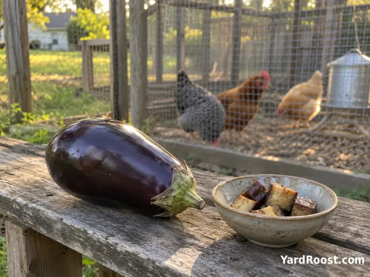 Whole ripe eggplant and a small bowl of cooked eggplant near an Ohio backyard chicken run.