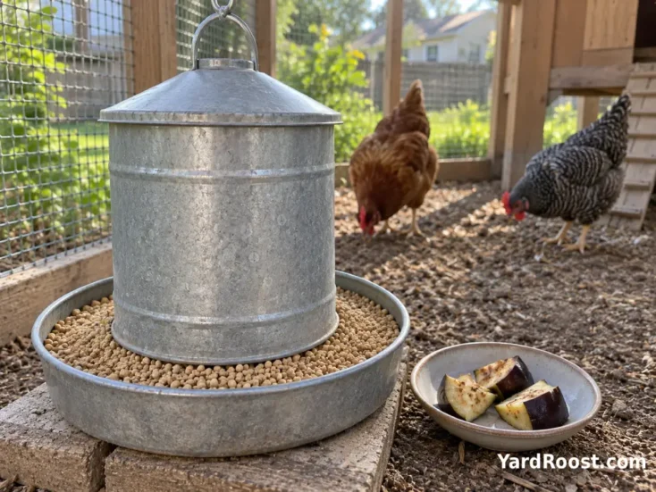 Chicken feeder filled with complete ration beside a few eggplant pieces in a backyard run.
