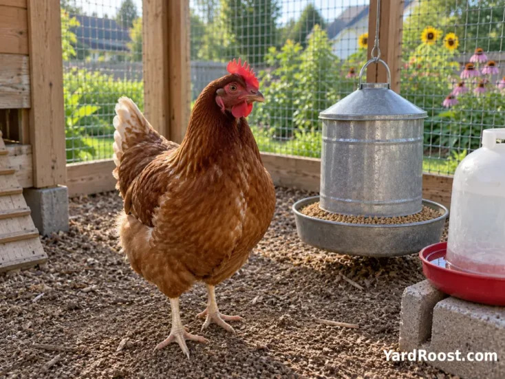 Single backyard hen being observed beside a clean feeder and waterer after questionable plant exposure.