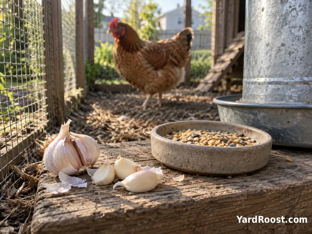 Fresh garlic pieces beside a chicken feeder in a suburban backyard run.