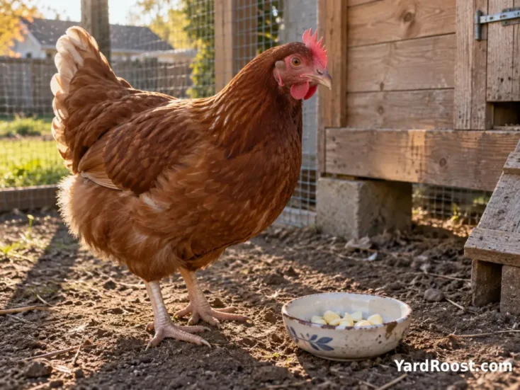 Healthy backyard hen standing near a small dish containing plain chopped garlic.