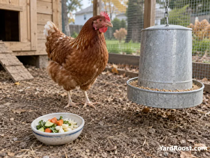 Small dish of chopped garlic and vegetables placed beside a chicken's regular feeder.