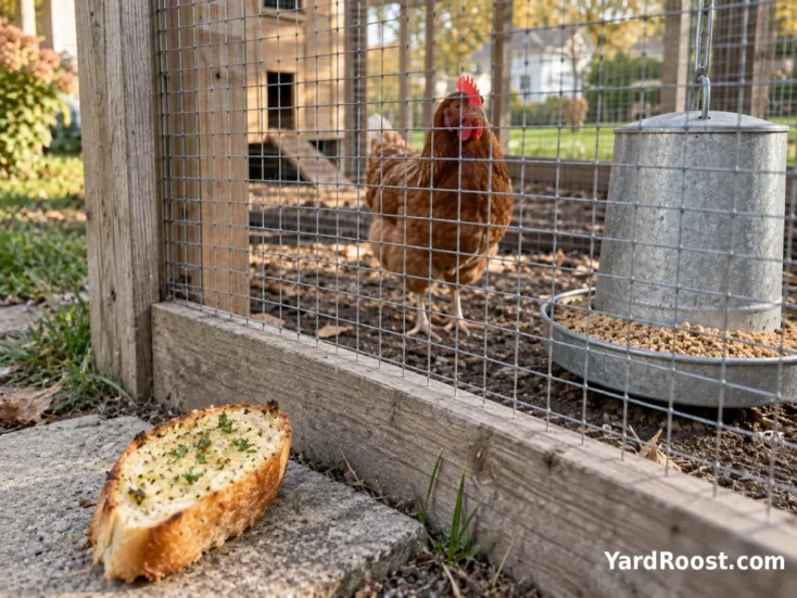 Piece of garlic bread kept outside a chicken run beside a feeder of balanced poultry feed.