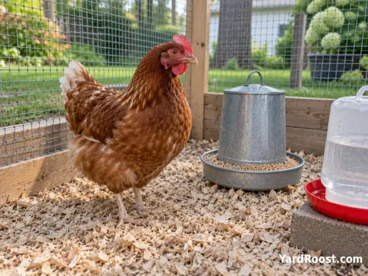 Quiet chicken resting separately with plain feed and water in a clean observation pen.