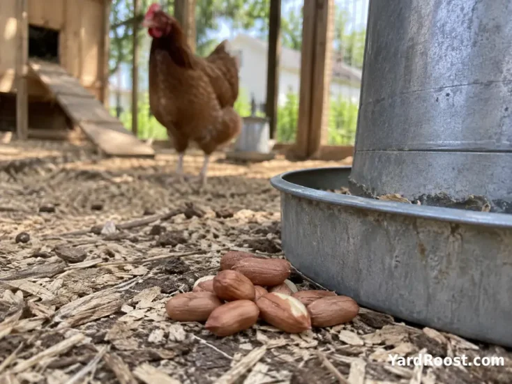 Plain shelled peanuts beside a chicken feeder in a clean backyard run.
