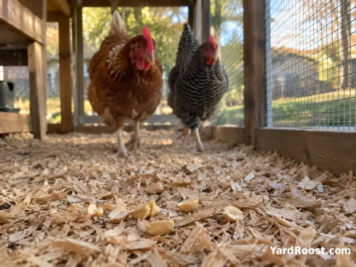 Small pieces of plain peanuts scattered across clean bedding for backyard hens.