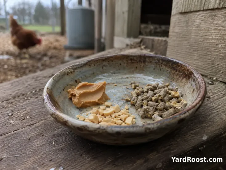 A small smear of plain peanut butter beside crushed peanuts and chicken feed.