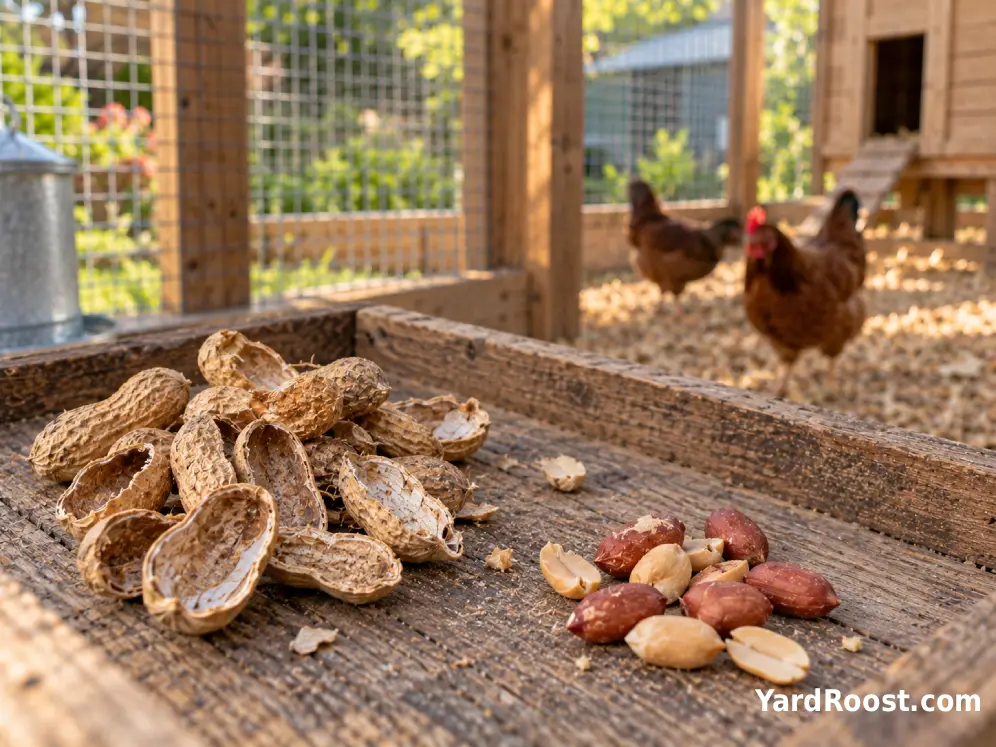 Empty peanut shells separated from shelled peanuts near a backyard chicken run.