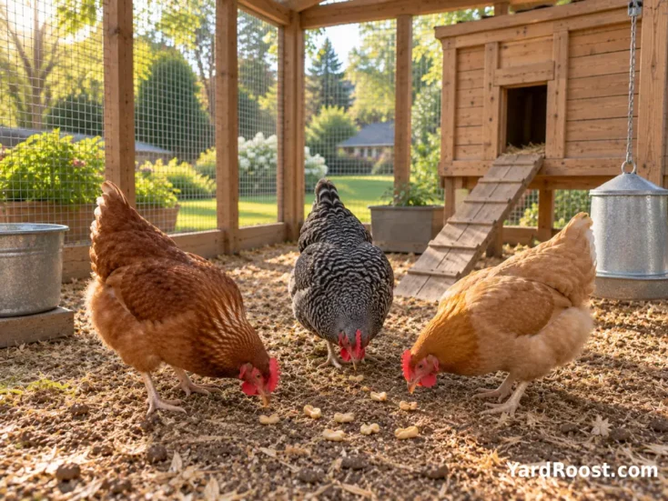 Backyard hens foraging near a few scattered peanut pieces in a clean Ohio chicken run.