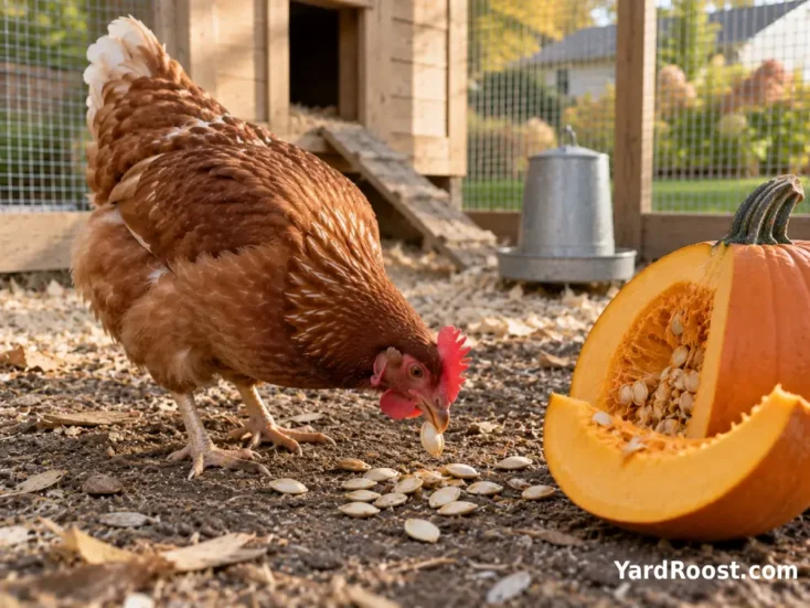 A backyard hen pecking plain pumpkin seeds beside a freshly cut pumpkin.
